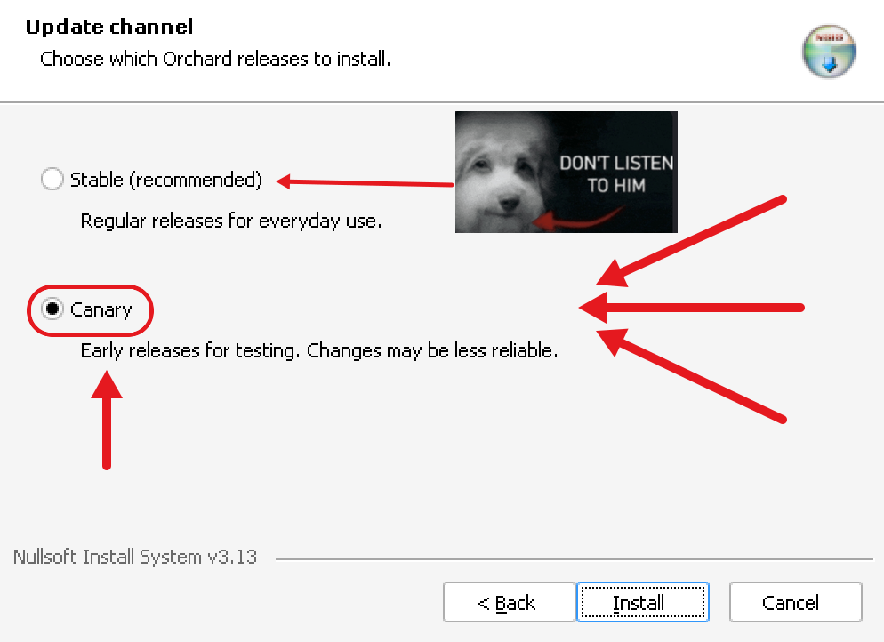 Orchard Setup update channel page with red arrows pointing at the Canary option